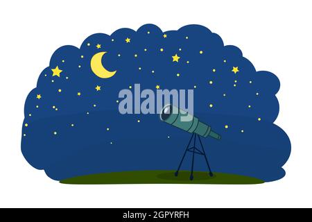 Telescope with night sky.Telescope for watching stars and planets in outer space.Cartoon landscape with telescope over nighttime sky background.Vector Stock Vector