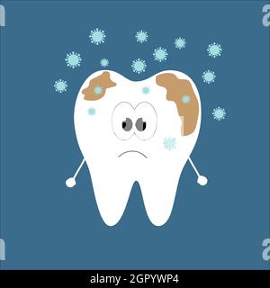 A dirty sad tooth, around which germs fly. Stock Vector