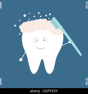 Cute tooth with a toothbrush brushes himself with toothpaste. Stock Vector