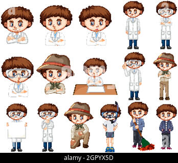 Boy in science gown in many poses Stock Vector