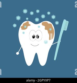 Cheerful dirty tooth with a toothbrush in his hands. Stock Vector