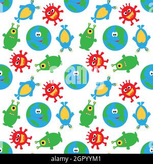 Small planet and funny multicolored aliens on a white seamless background. Stock Vector