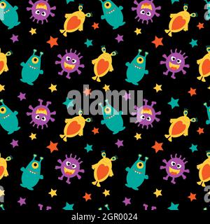 Funny aliens and multicolored stars on a black background. Stock Vector
