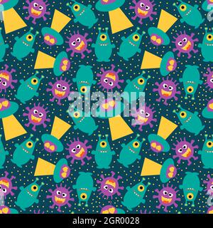 Funny aliens with a flying saucer on a blue seamless background. Stock Vector