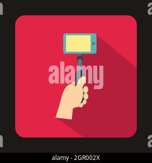 Hand holding a selfie stick with mobile phone icon blue vector isolated ...