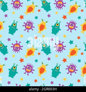 Funny aliens and multicolored stars on a blue background. Stock Vector
