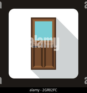Wooden door with glass icon in flat style Stock Vector