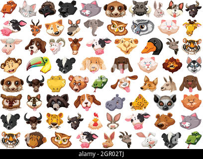 Set of different cute cartoon animals head huge isolated on white background Stock Vector