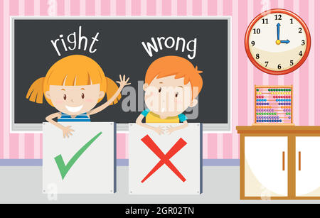 Boy and girl with right and wrong sign in classroom Stock Vector