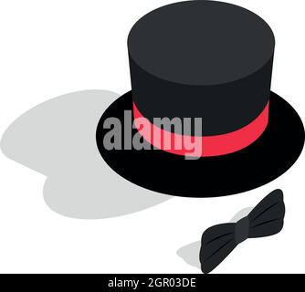 Black top hat and bow tie icon, isometric 3d style Stock Vector