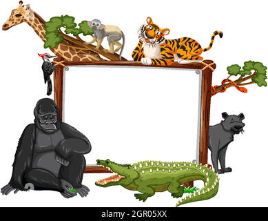 Empty banner with wild animals and rainforest trees on white background ...