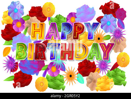 Beautiful Happy Birthday greeting card with multicolored flowers on the background. Stock Vector