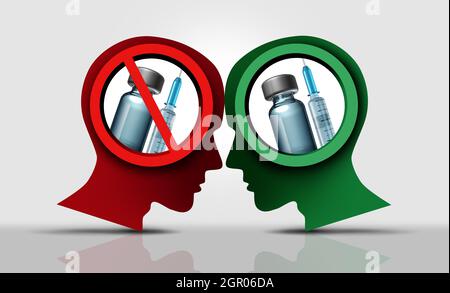 Vaccine and politics polarisation as unvaccinated or vaccinated and anti-vaxxer or individuals that oppose healthy mandates and taking the vaccines. Stock Photo