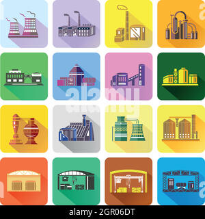 Factory icons set in flat style Stock Vector