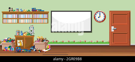 Background scene with whiteboard and toys Stock Vector