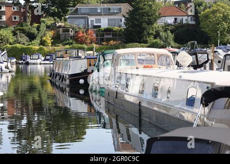 Narrowboats moored in Walton Marina on the river Thames, Surrey, UK Stock Photo