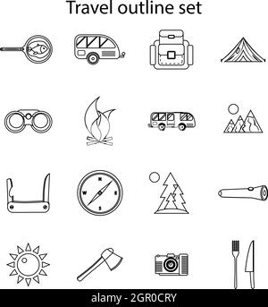Travel icons set, outline style Stock Vector