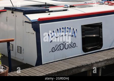 Hand painted name on a narrowboat in England, UK Stock Photo