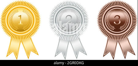 Award ribbon in gold, silver and bronze with laurel wreath as vector on white isolated background. Stock Vector