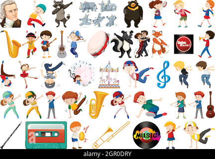 Set of musical objects and danceing Stock Vector