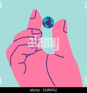 Giant human holds small planet Earth with two fingers. As a symbol of the fragility of the world. Eco friendly and sustainable ecosystem creation. Stock Vector