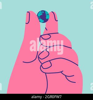 Giant human holds small planet Earth with two fingers. As a symbol of the fragility of the world. Eco friendly and sustainable ecosystem creation. Stock Vector