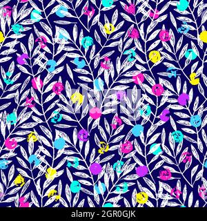 Tropical palm leaves, seamless foliage pattern with multicolor neon ultraviolet spots. Vector illustration. Tropical jungle palm tree background. Whit Stock Vector