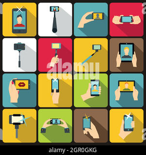 Selfie icons set, flat style Stock Vector