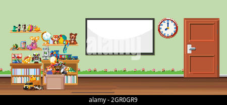 Background scene with whiteboard and toys Stock Vector