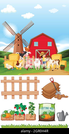 Farm scene with farmer and many animals on the farm illustration Stock ...