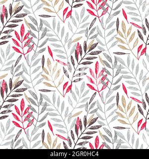 Tropical palm leaves, seamless foliage pattern. Vector illustration. Tropical jungle palm tree background in red, gray and dark grey colors. Stock Vector