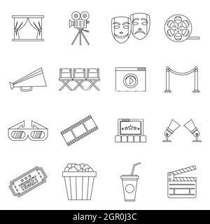 Cinema icons set, outline style Stock Vector