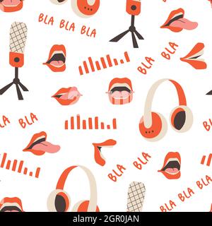 Seamless pattern for banner podcast or broadcast channel. Studio microphone, headphones, open speaking mouth. Vector flat background for design EPS 10 Stock Vector
