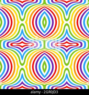 Rainbow opt art background. Seamless vector pattern. LGBT colors. Abstract geometric striped pattern. Vector illustration. Wavy pattern. Stock Vector