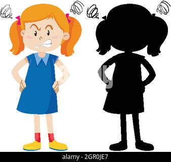 Girl with angry face in color and silhouette Stock Vector