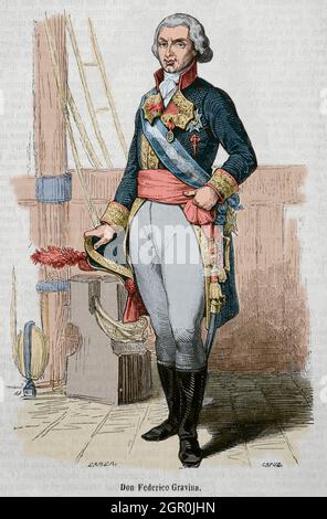 Federico Gravina (1756-1806). Spanish admiral during the American Revolution and Napoleonic Wars. He died as a result of the wounds suffered during the Battle of Trafalgar. Portrait. Illustration by Zarza. Engraving by Capuz. Later colouration. Historia General de España by Father Mariana. Madrid, 1853. Stock Photo