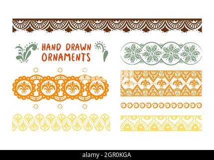 Set of hand drawing ornaments. Folk Indian pattern for design. Asian decorative element isolated on white background. Stock Vector