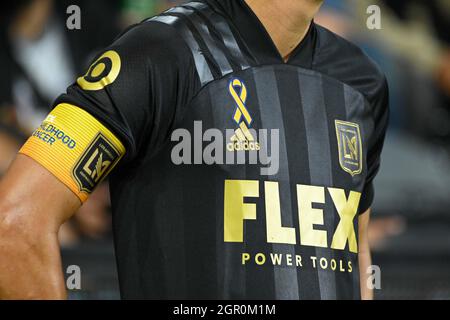 Detailed view of the Adidas jersey worn by LAFC midfielder Eduard Atuesta (20) during a MLS soccer game against the Portland Timbers, Wednesday, Sept. Stock Photo