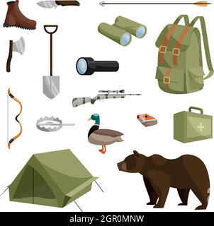 Hunting icons set, cartoon style Stock Vector