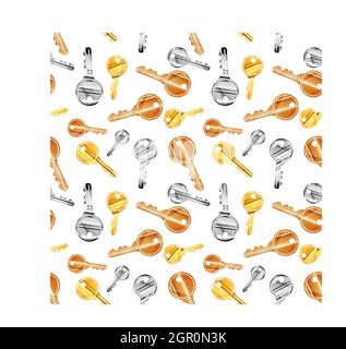 Lot of modern detailed door keys on white, seamless pattern Stock Vector