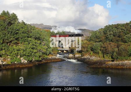 44871 heads past Morar on 29.9.21 with the returning Jacobite. Stock Photo