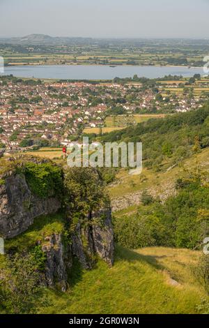 The view from the top of Cheddar Gorge looking towards the village of Cheddar and the Cheddar reservoir Stock Photo