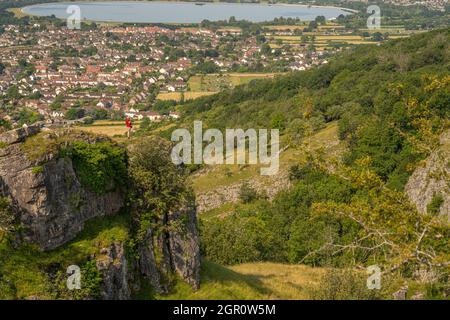 The view from the top of Cheddar Gorge looking towards the village of Cheddar and the Cheddar reservoir Stock Photo