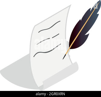 Feather and scroll icon, isometric 3d style Stock Vector