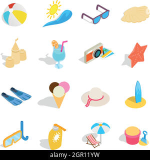 Beach icons set, isometric 3d style Stock Vector
