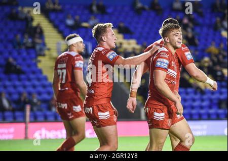 Warrington, England - 24 September 2021 - Mikey Lewis (20) of Hull Kingston Rovers celebrates scoring a try during the Rugby League Betfred Super League, Elimination play-off, Warrington Wolves vs Hull Kingston Rovers at Halliwell Jones Stadium, Warrington, UK  Dean Williams Stock Photo