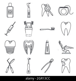 Dental care icons set, outline style Stock Vector