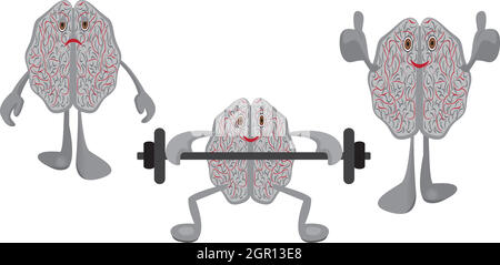 Brain affected with a stress, brains having exercises with a barbell and healthy trained brain symbolizing education  training intellect exercises Stock Vector