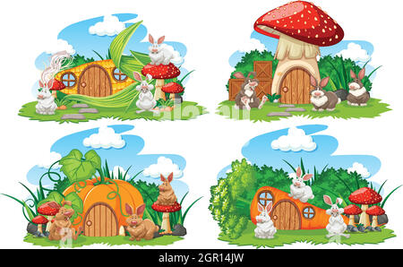 Set of vegetable fantasy houses in the garden with cute animals isolated on white background Stock Vector