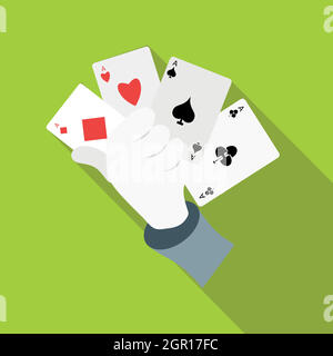 Hand in glove holding four playing cards icon Stock Vector